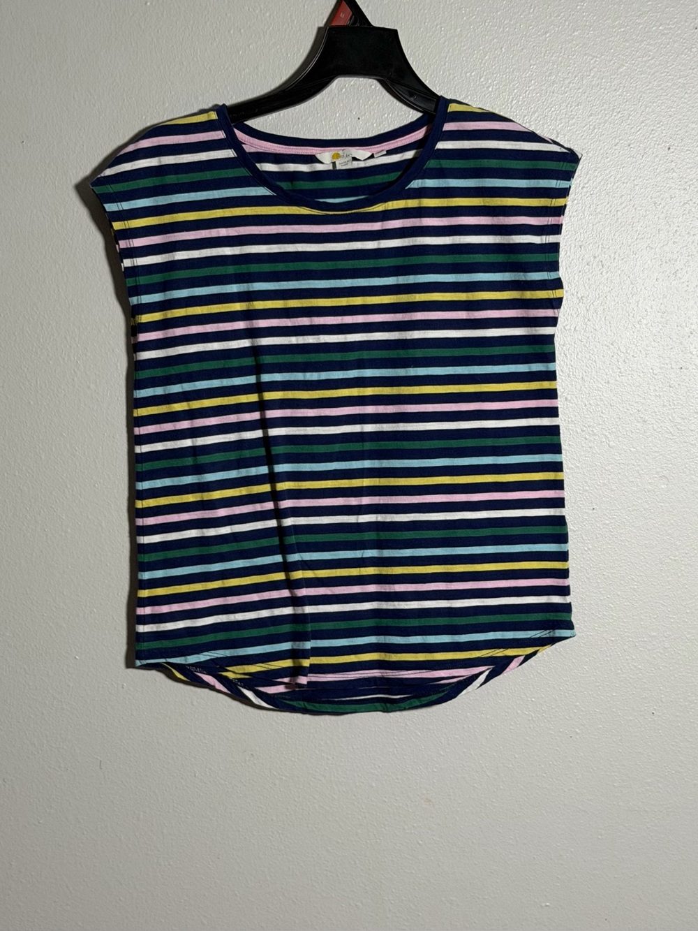 Boden Women Navy Tee  Pink/Yellow/Teal Stripes size XS